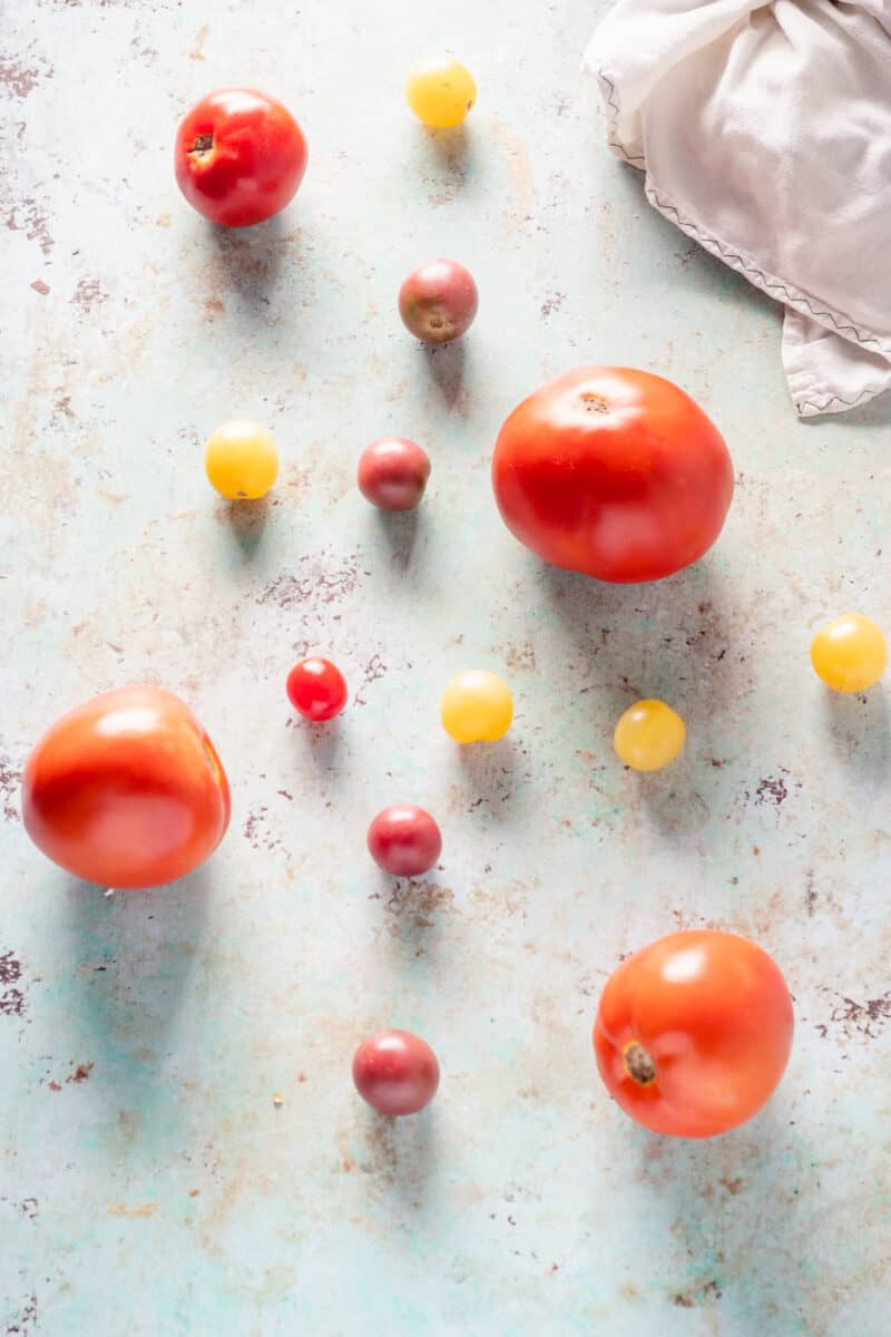 Beefsteak西红柿，黄色樱桃西红柿和紫色樱桃西红柿散落在柜台上