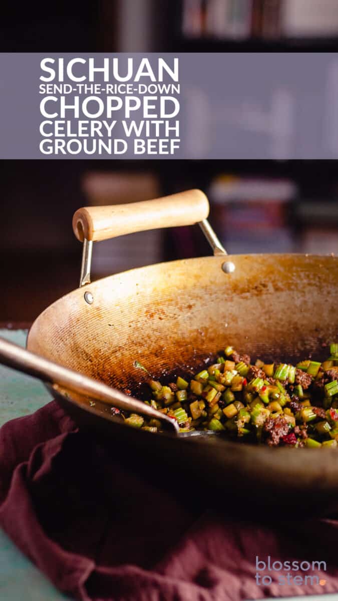 四川菜:芹菜碎牛肉炒饭，侧视